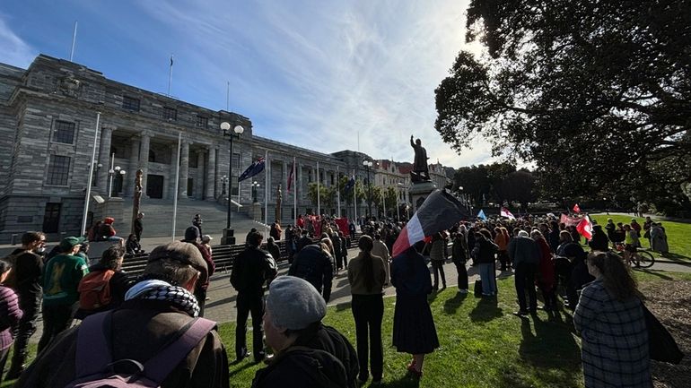 Protestors from the Māori iwi (tribe) Ngāpuhi and others gather...