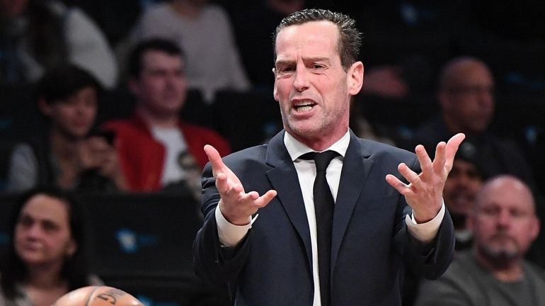 Nets head coach Kenny Atkinson reacts to a call during an...