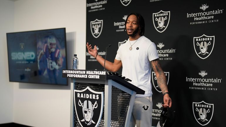 Las Vegas Raiders wide receiver Jakobi Meyers takes questions from...