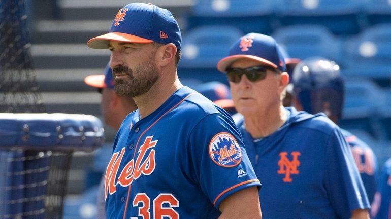 New York Mets Manager Mickey Callaway looks on during a...