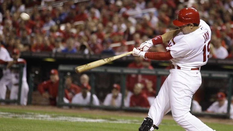 St. Louis Cardinals' Jon Jay hits an RBI double during...