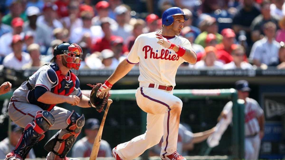 Photo: Philadelphia Phillies Raul Ibanez runs after hitting ground