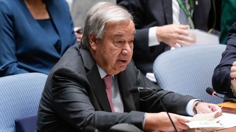 United Nations Secretary-General Antonio Guterres speaks during a Security Council...