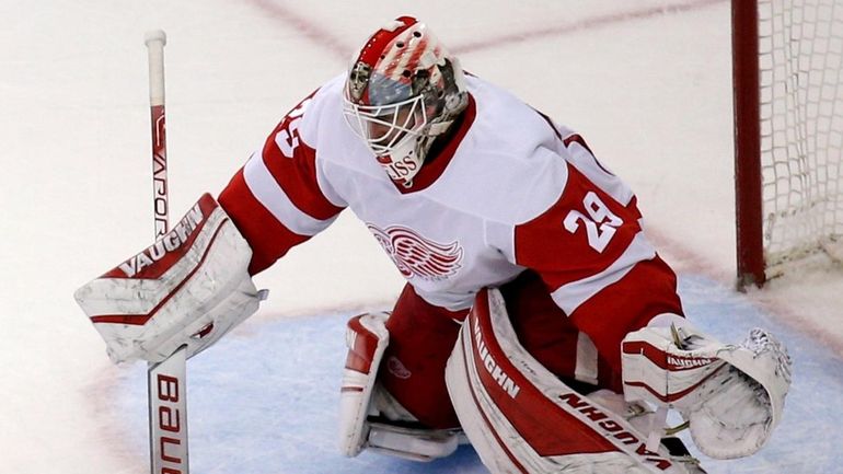 Red Wings goaltender Thomas Greiss makes the game winning save against Rangers...