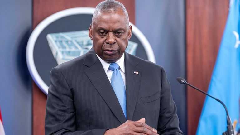 Secretary of Defense Lloyd Austin speaks during a press briefing...