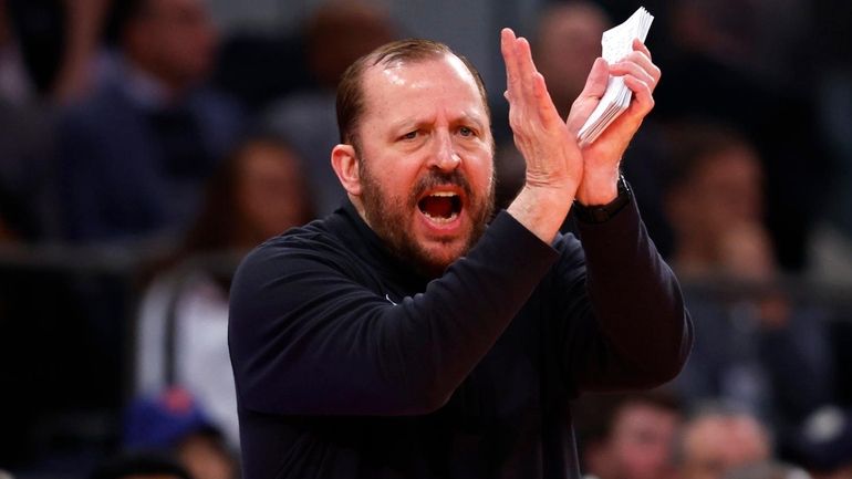 Knicks head coach Tom Thibodeau coaches against the Hornets during...