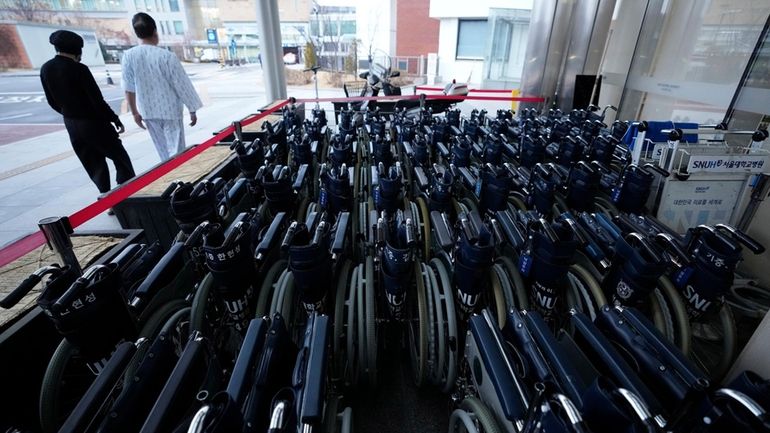 Wheelchairs are placed at Seoul National University Hospital in Seoul,...