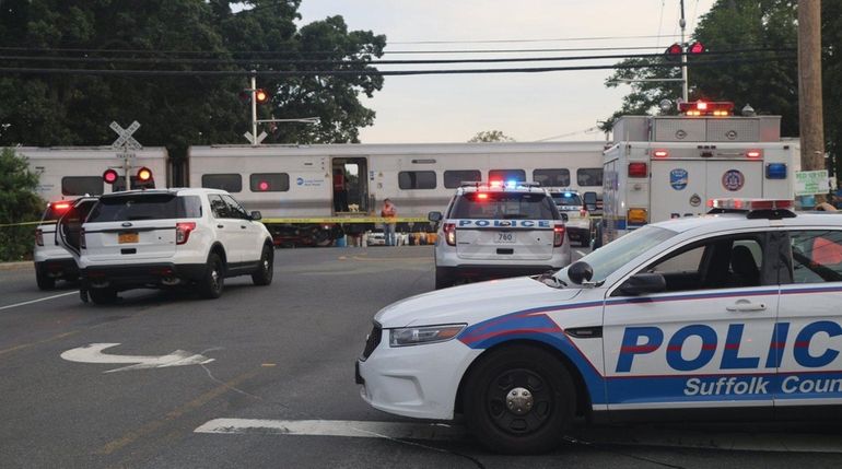 A Long Island Rail Road train headed east toward Ronkonkoma...