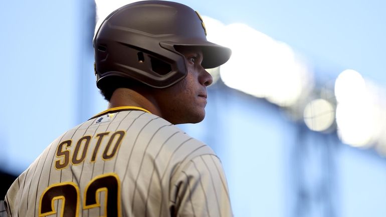 Juan Soto #22 of the San Diego Padres waits to...