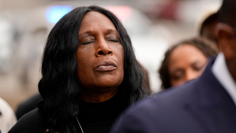 RowVaughn Wells, mother of Tyre Nichols, closes her eyes during...