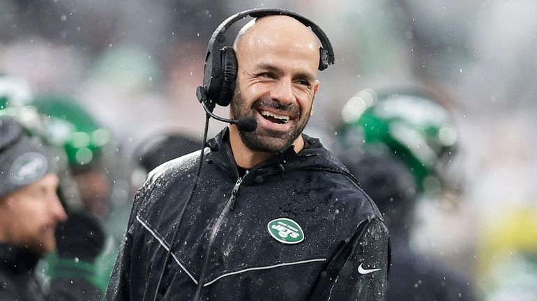 Jets head coach Robert Saleh looks on against the Texans at...