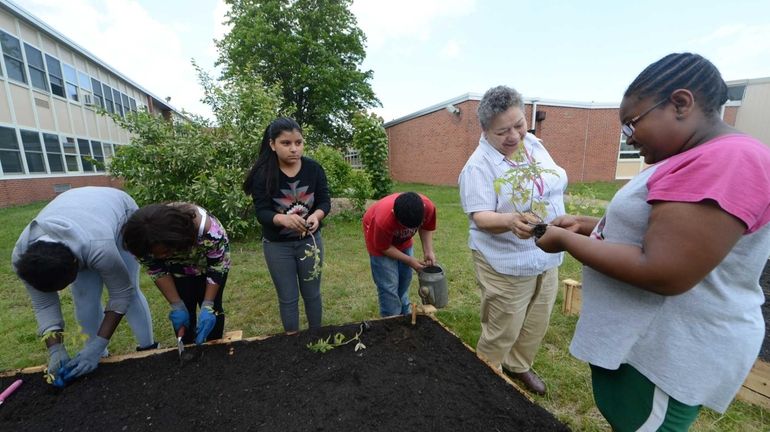 Milton L. Olive Middle School teacher Migdalia Melendez works with...