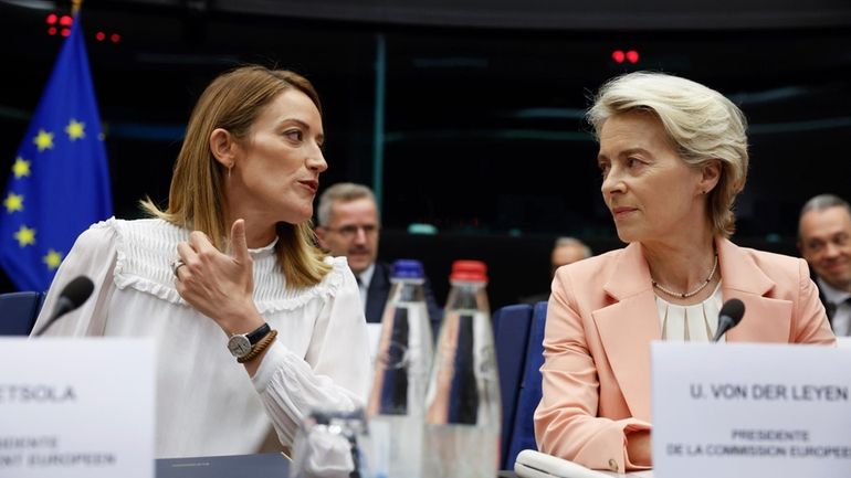 European Parliament President Roberta Metsola, left, and European Commission President...