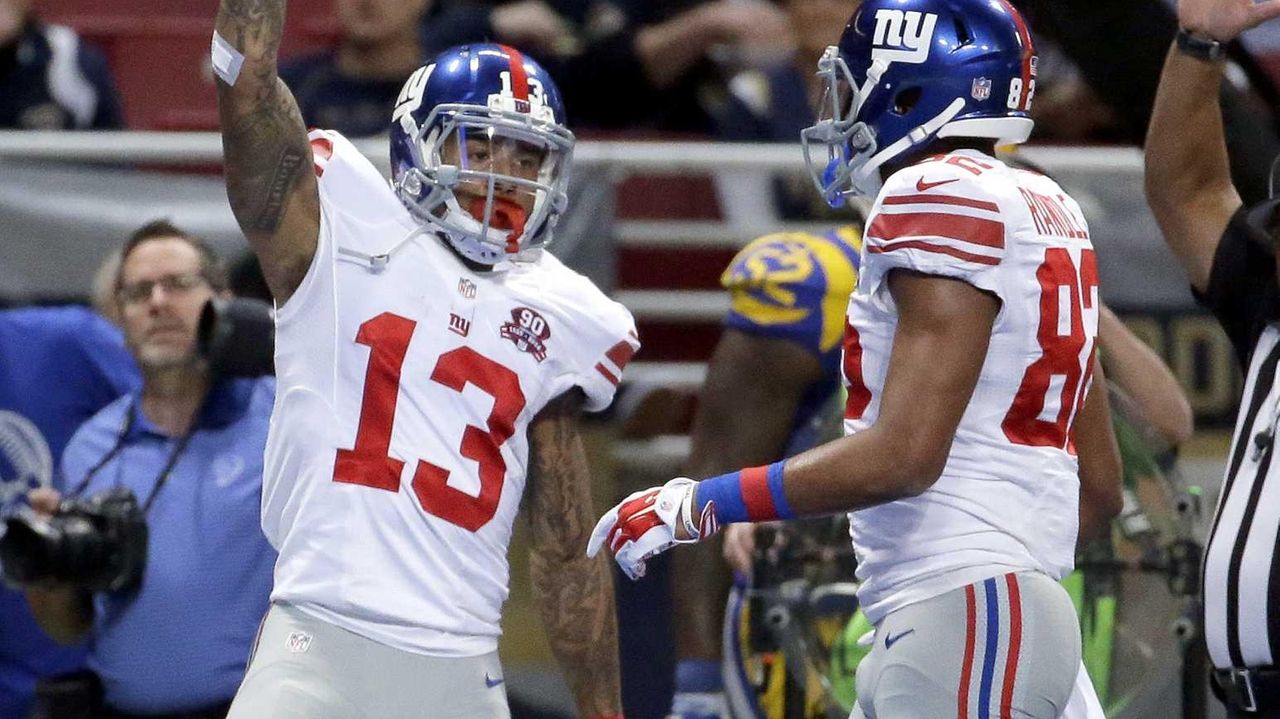 New York Giants Odell Beckham Jr. celebrates in the end zone after