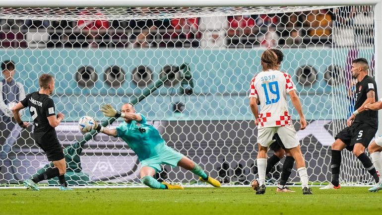 Canada's goalkeeper Milan Borjan, center, defends a shot during the...