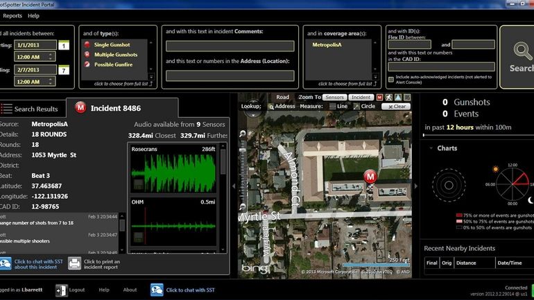 Computer screenshot showing use of ShotSpotter technology.