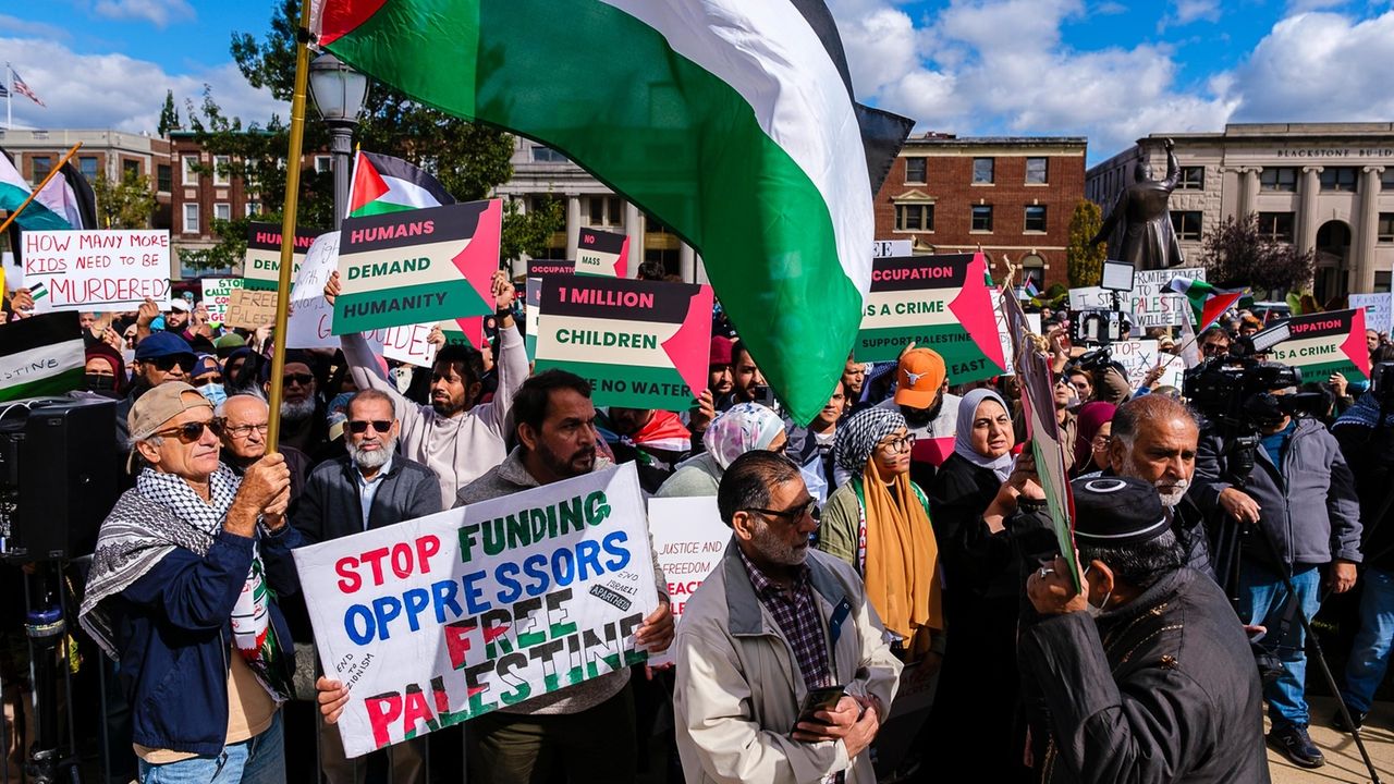 Pro-Palestinian demonstrators rally in Mineola week after Hamas