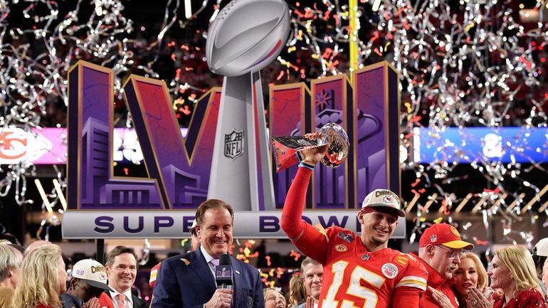 Kansas City Chiefs quarterback Patrick Mahomes (15) celebrates after the...