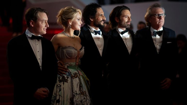 Gabriel Sherman, from left, Maria Bakalova, director Ali Abbasi, Sebastian...