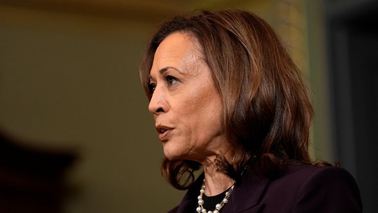 Vice President Kamala Harris speaks following a meeting with Israeli...