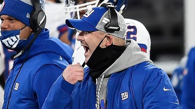 Head coach Joe Judge of the Giants reacts during the first...