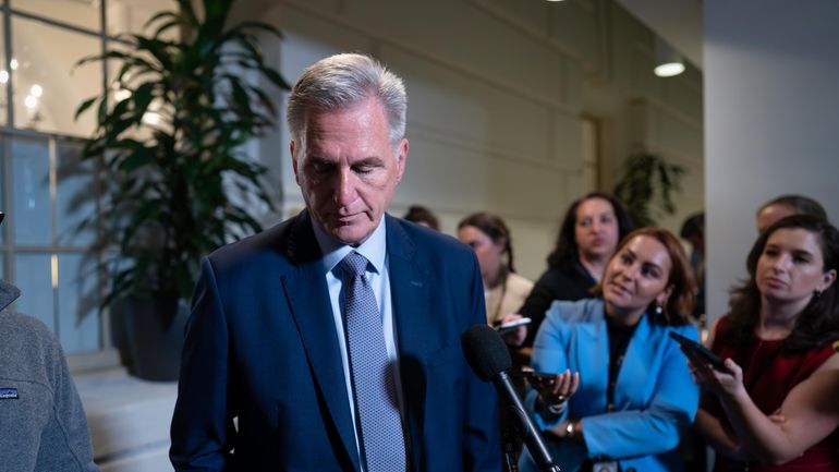 Speaker of the House Kevin McCarthy, R-Calif., briefs reporters following...