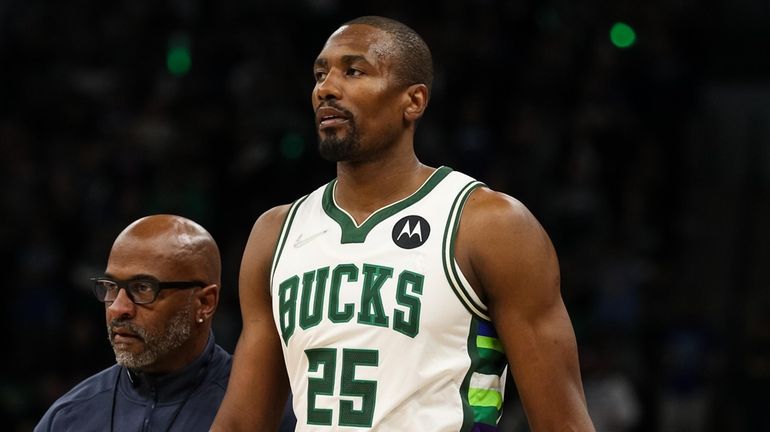 Serge Ibaka #25 of the Milwaukee Bucks looks on after...