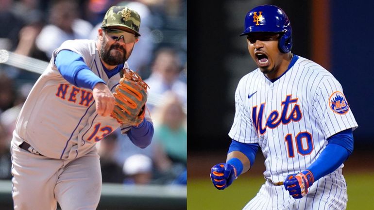 Mets infielders Luis Guillorme, left, and Eduardo Escobar.