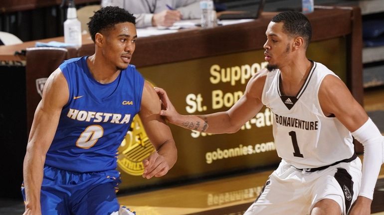 Tareq Coburn of Hofstra moves the ball against St. Bonaventure at...