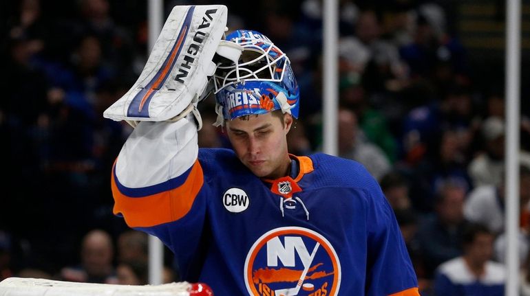 Thomas Greiss of the Islanders looks on during the second...