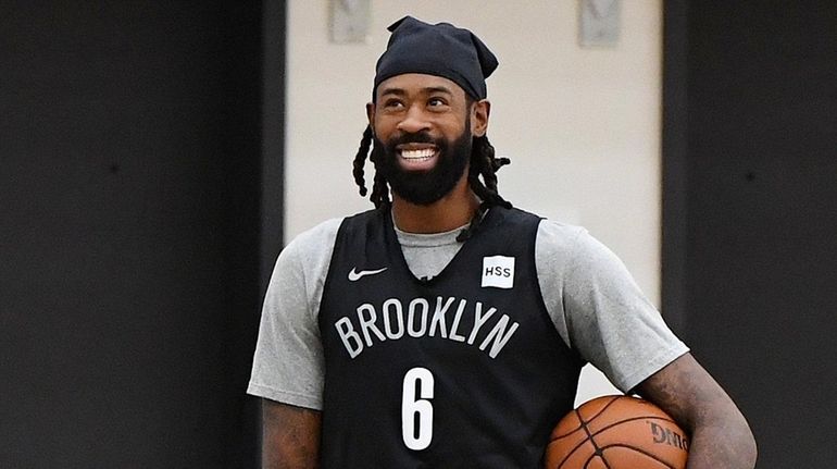 Brooklyn Nets center Deandre Jordan looks on during training camp...