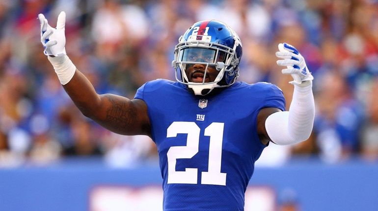 Landon Collins #21 of the New York Giants reacts during...