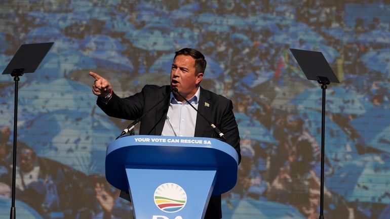 Main opposition Democratic Alliance (DA) party leader, John Steenhuisen, delivers...