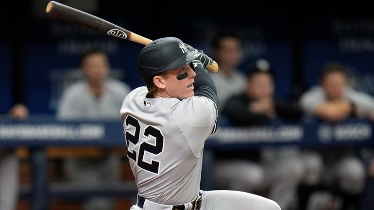 New York Yankees' Harrison Bader singles off Tampa Bay Rays...