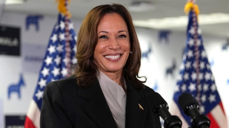 Vice President Kamala Harris speaks at her campaign headquarters in...