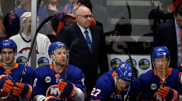 Islanders head coach Barry Trotz, shown here during Game 2...