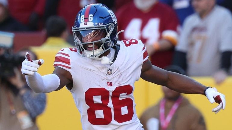 Darius Slayton of the Giants celebrates after a touchdown in the game...