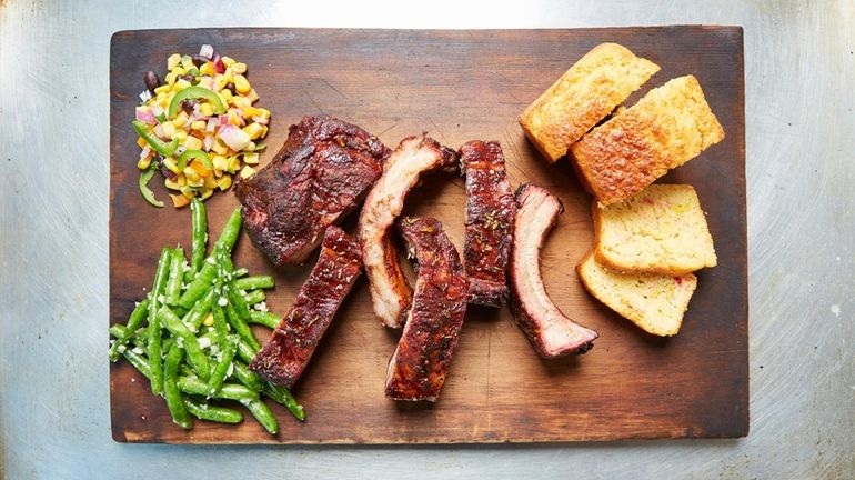 Baby back ribs with string beans, corn salad and cornbread...