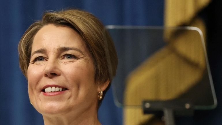 Massachusetts Gov. Maura Healey smiles during inauguration ceremonies in the...