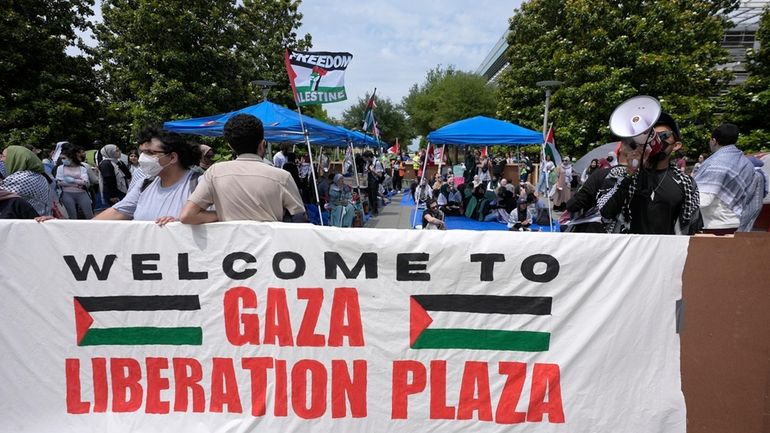 People gather to protest against the Israel-Hamas war at a...