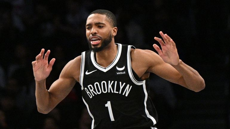 Nets forward Mikal Bridges reacts against the Knicks in the second...