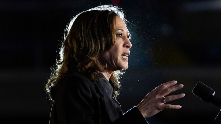 Democratic presidential nominee Vice President Kamala Harris speaks during a...