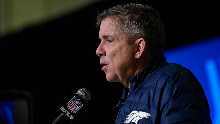 Denver Broncos head coach Sean Payton speaks during a press...