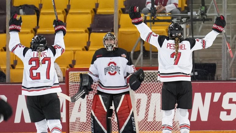 Ohio State forward Paetyn Levis (27) and defenseman Emma Peschel...