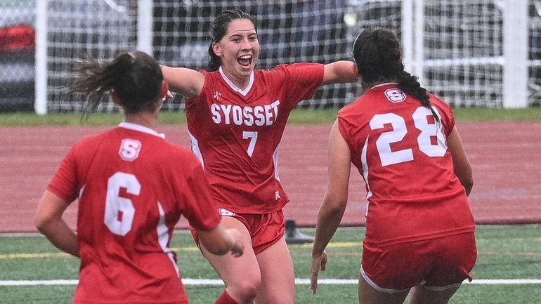 Alex Baek of Syosset scores during a girls Nassau girls soccer game...