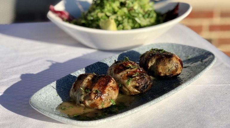 Chicken sheftalia (Cypriot sausage) with prasini (romaine) salad at Limani...