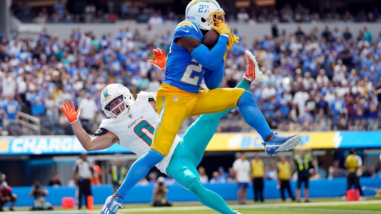 Los Angeles Chargers defensive back J.C. Jackson (27) lines up for the snap  during an NFL football game against the Houston Texans on Sunday, October  2, 2022, in Houston. (AP Photo/Matt Patterson