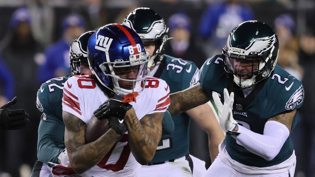 Philadelphia Eagles wide receiver Zach Pascal (3) is tackled by New York  Giants cornerback Adoree' Jackson (22) after making a catch during the  first half of an NFL divisional round playoff football