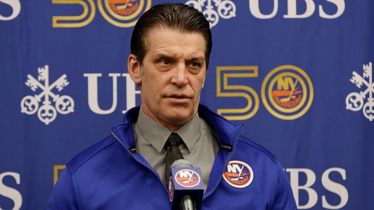 Islanders head coach Lane Lambert speaks to the media prior...