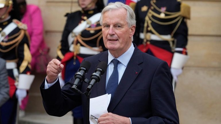 New French prime minister Michel Barnier delivers a speech during...